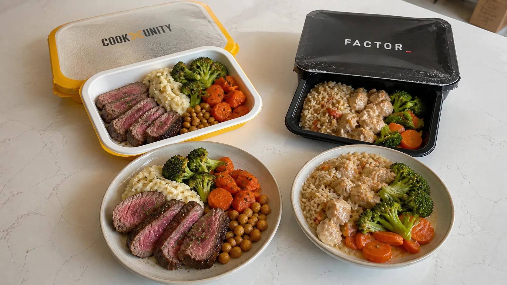 CookUnity grilled herb steak beside a Factor creamy chicken meal on a pearl-white counter