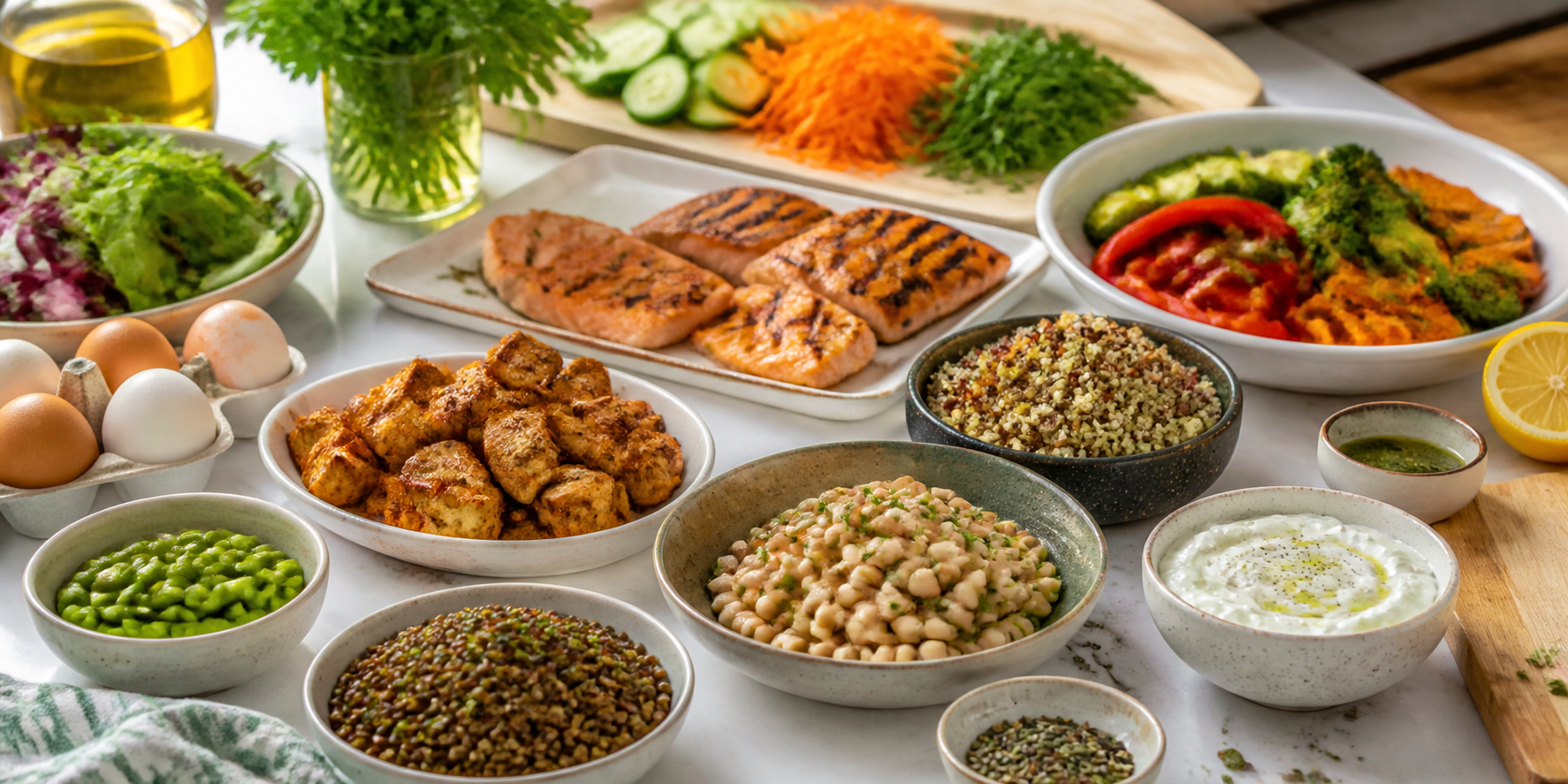 Salmon, tofu, lentils, eggs, beans, yogurt, grains, and vegetables ready for meal preparation