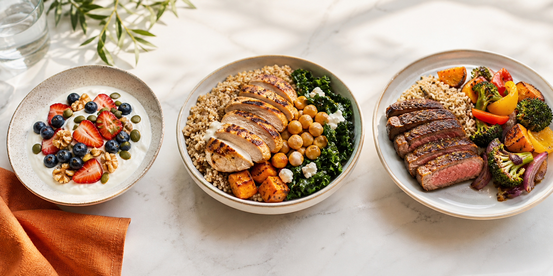 Protein-rich breakfast, lunch, and dinner arranged across a pearl-white table
