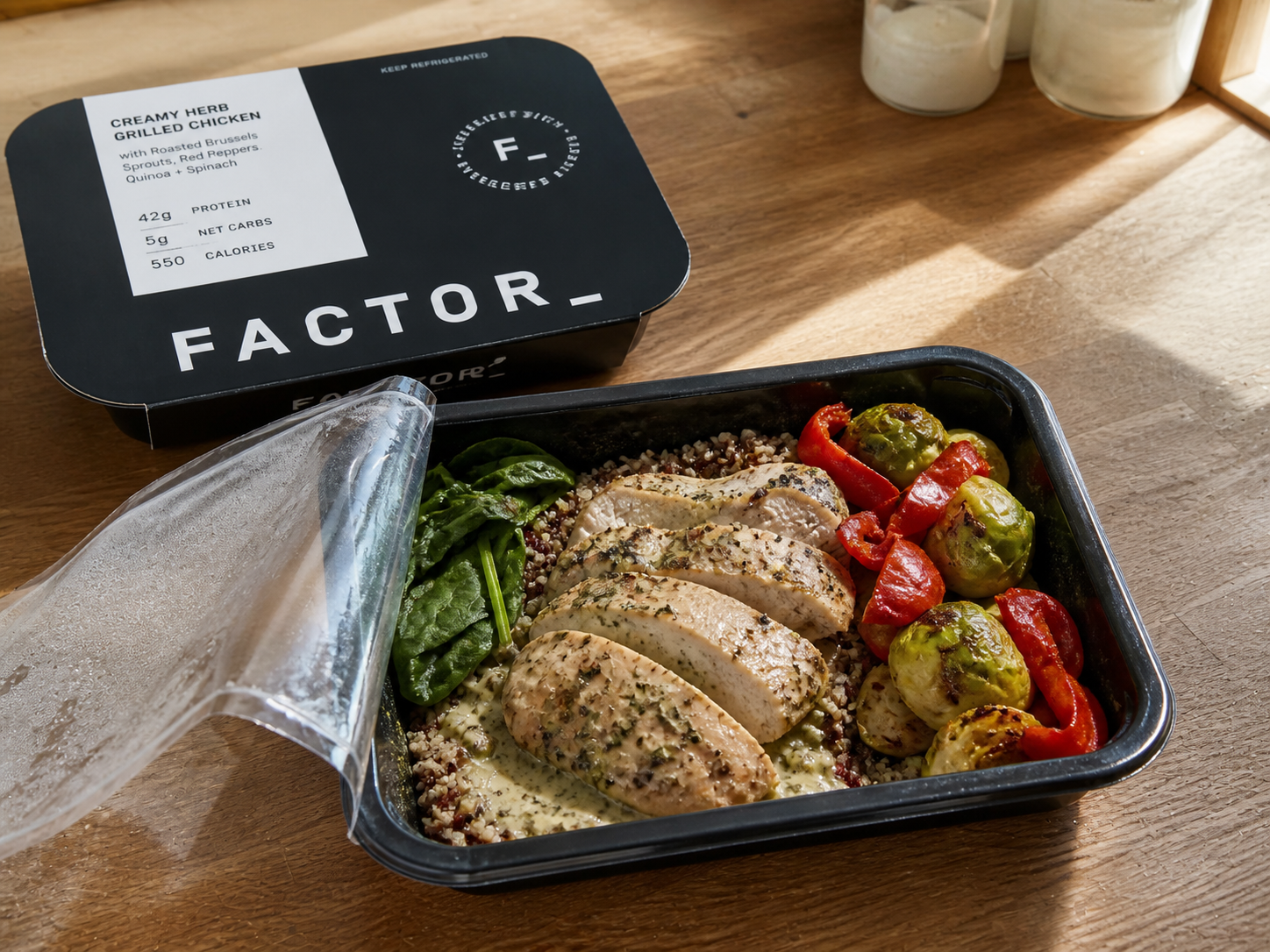 High-protein meal shown in the Factor comparison card